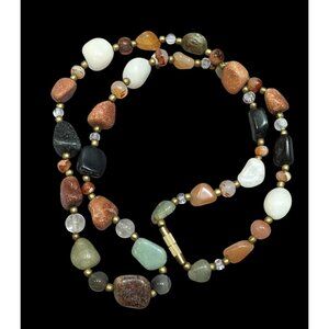 Vintage Beggar's Bead Necklace Genuine Polished Gemstones With Gold Tone Accents